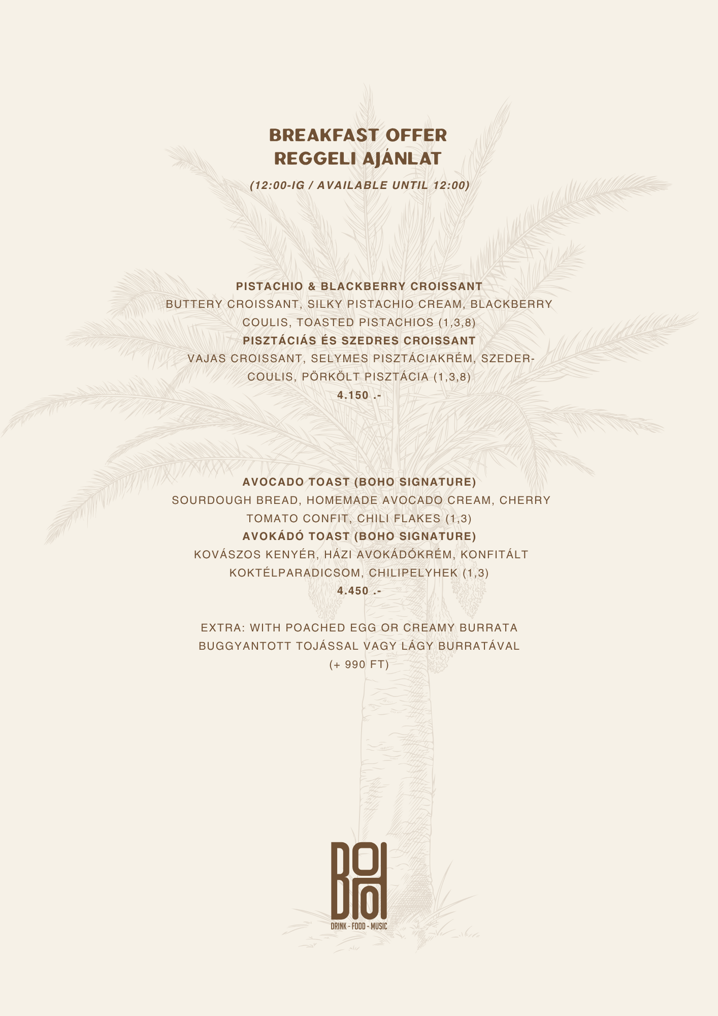 BOHO Budapest étlap – Reggeli és reggeli italok