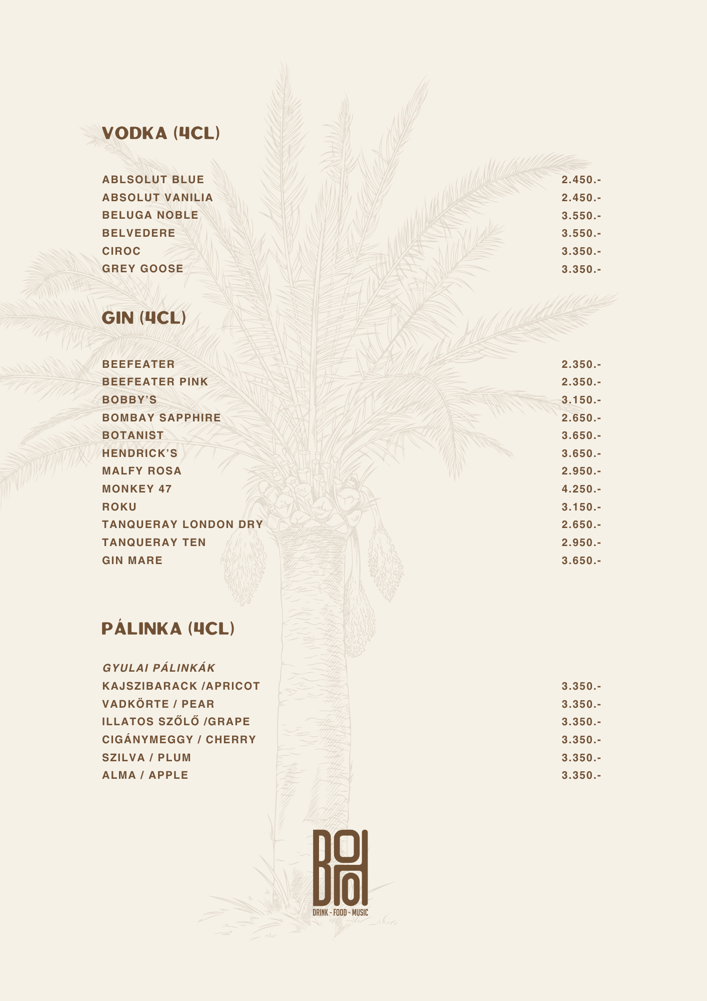 BOHO Budapest itallap – Vodka, pálinka, rum, tequila, mezcal