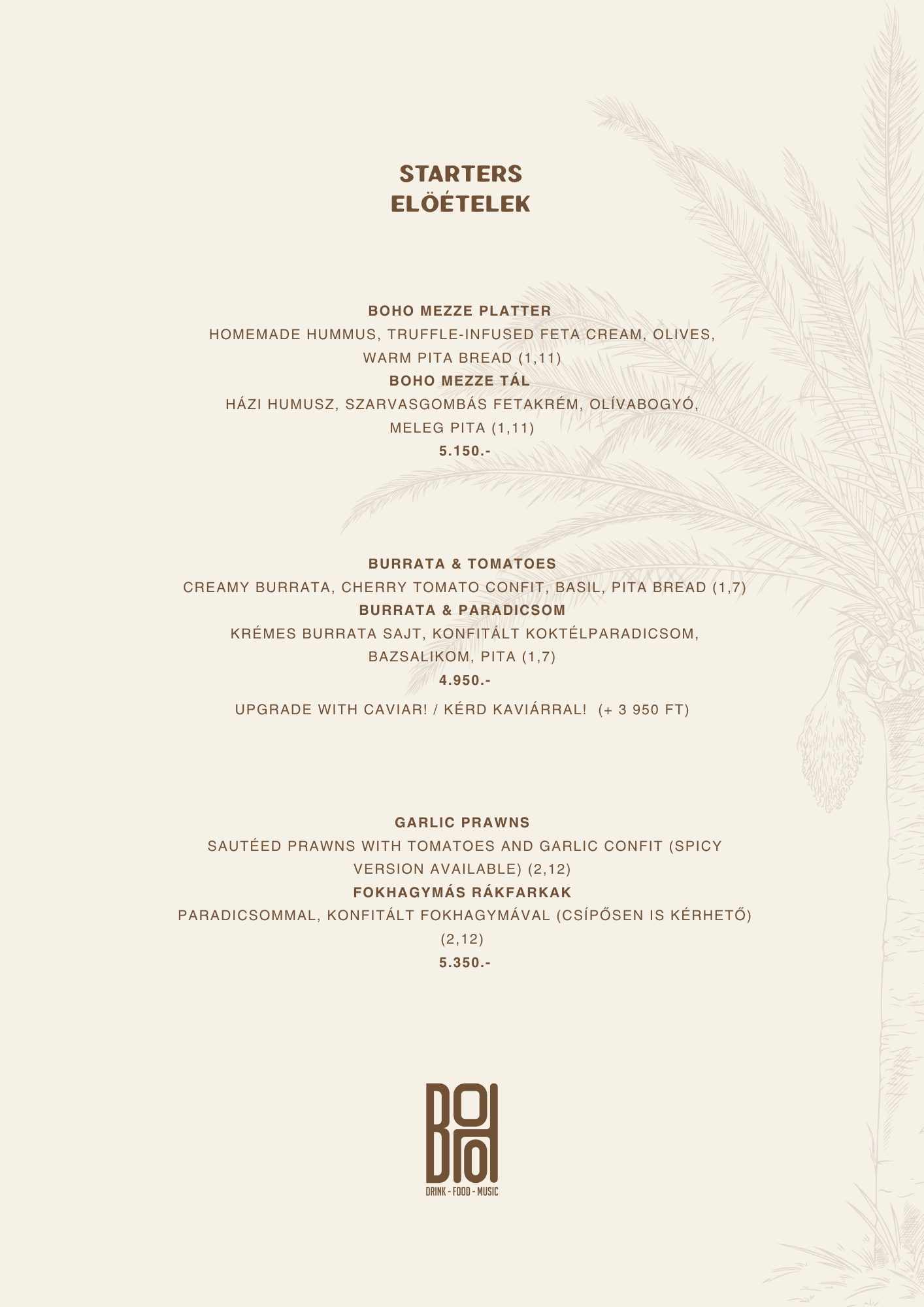 BOHO Budapest étlap – Levesek, saláták és taco
