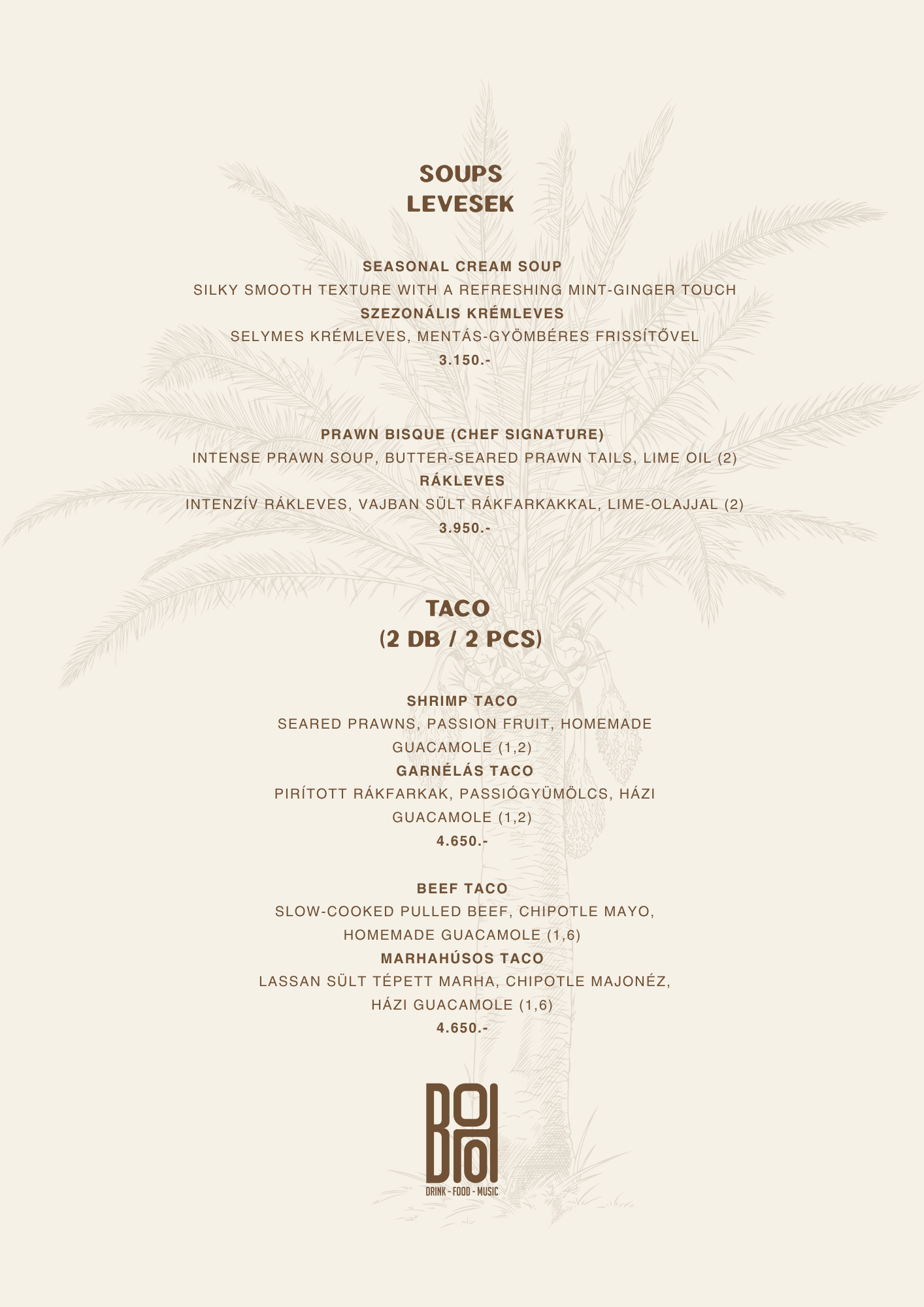 BOHO Budapest étlap – Levesek, saláták és taco