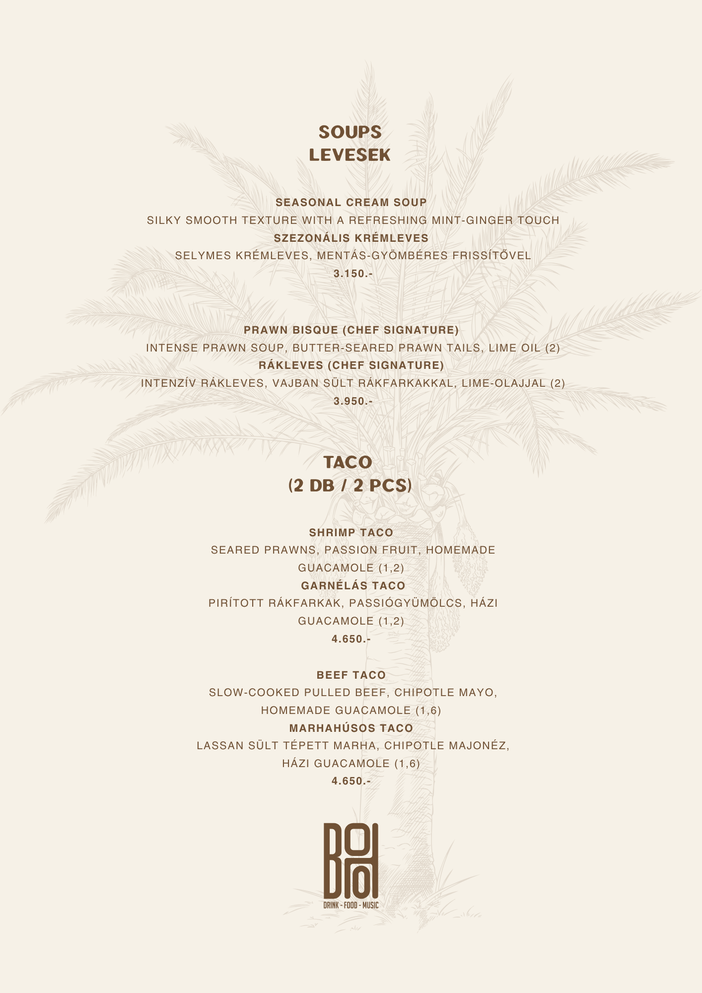 BOHO Budapest étlap – Levesek, saláták és taco
