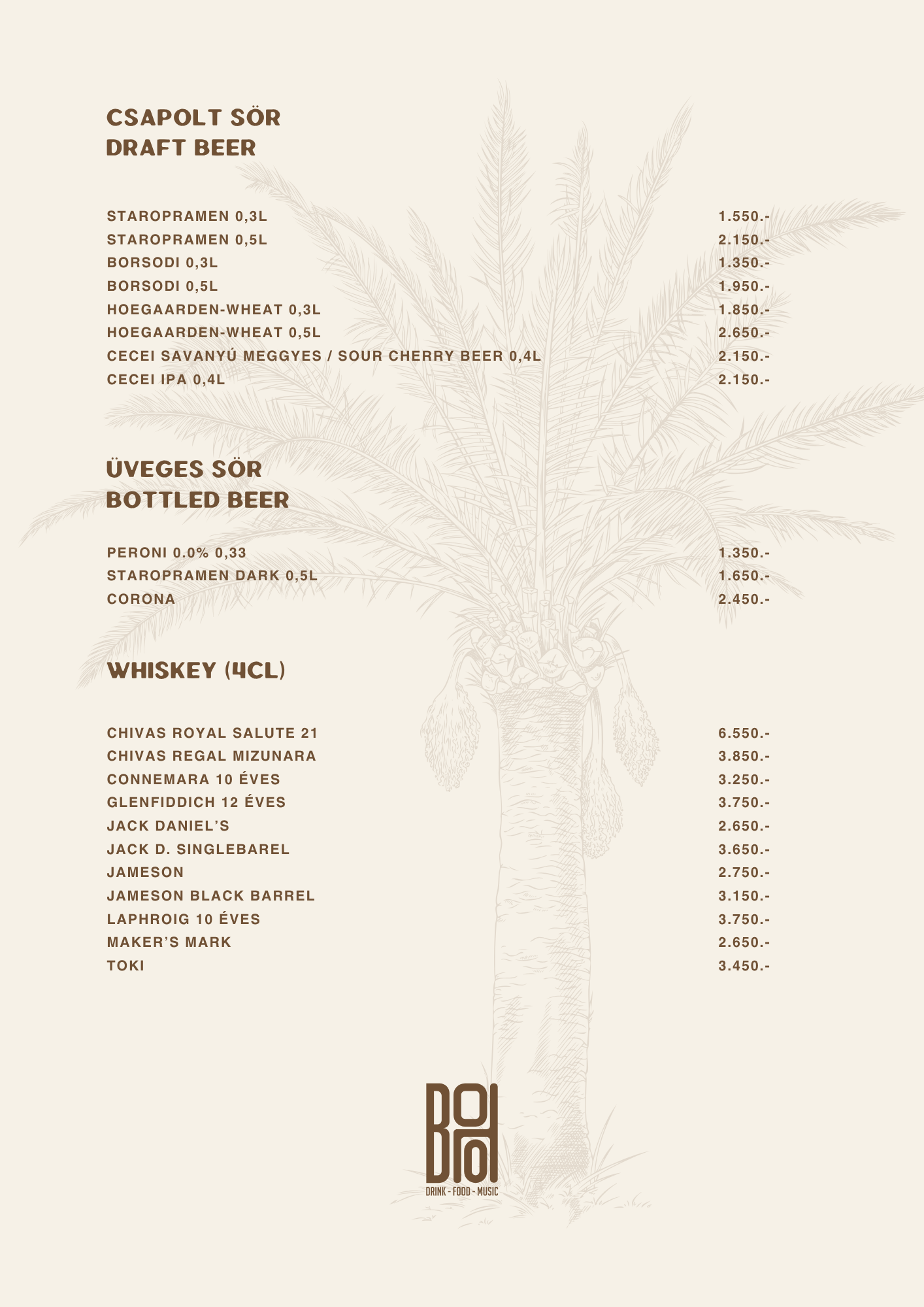 BOHO Budapest itallap – Vodka, pálinka, rum, tequila, mezcal