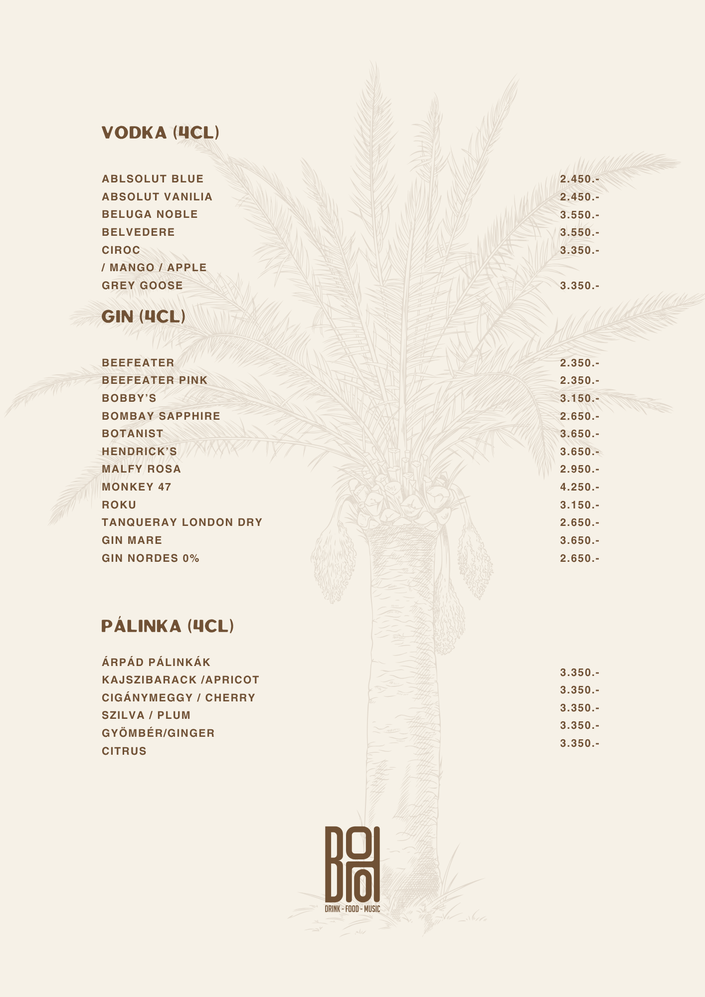 BOHO Budapest itallap – Vodka, pálinka, rum, tequila, mezcal